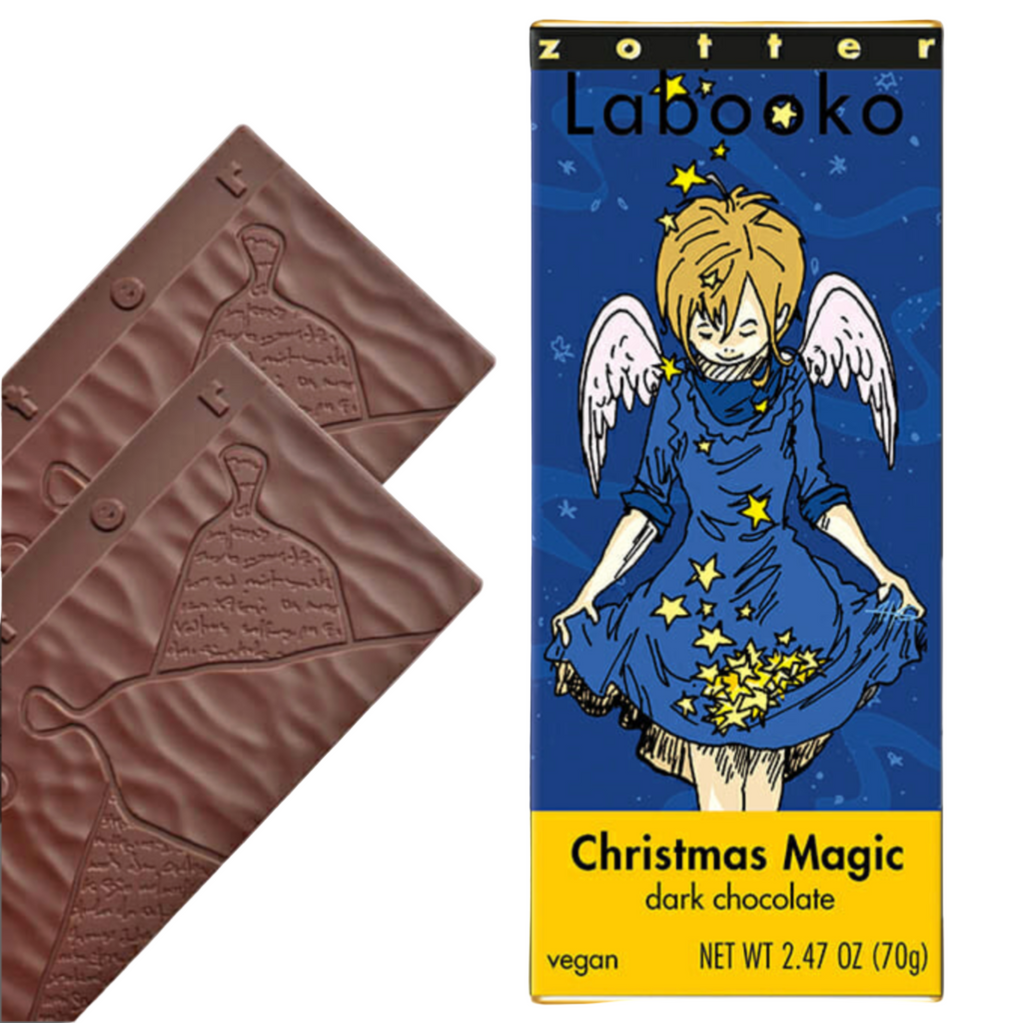 Zotter Labooko Christmas Magic dark chocolate bar with packaging featuring an angel illustration.