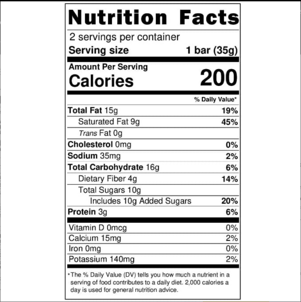 Nutrition facts label for a product with serving size, calories, and detailed nutritional information.