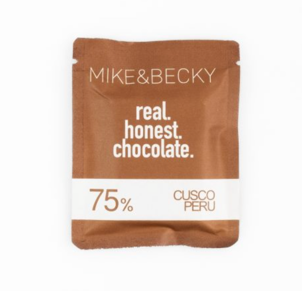 Mike & Becky chocolate package with 'real honest chocolate' text on a white background