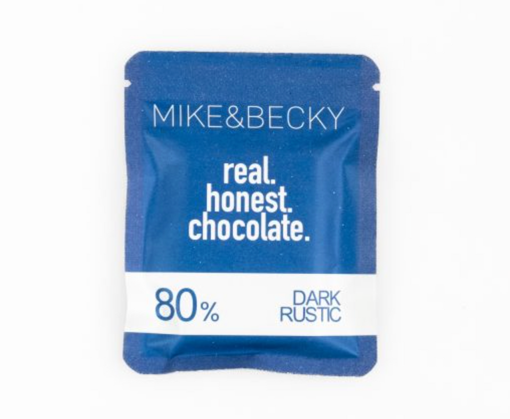 Blue packaging of Mike & Becky chocolate with text on a white background