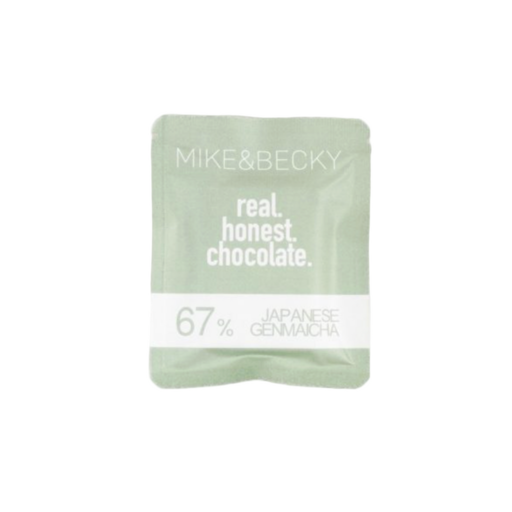 Green chocolate bar with 'Mike & Becky' branding on a white background
