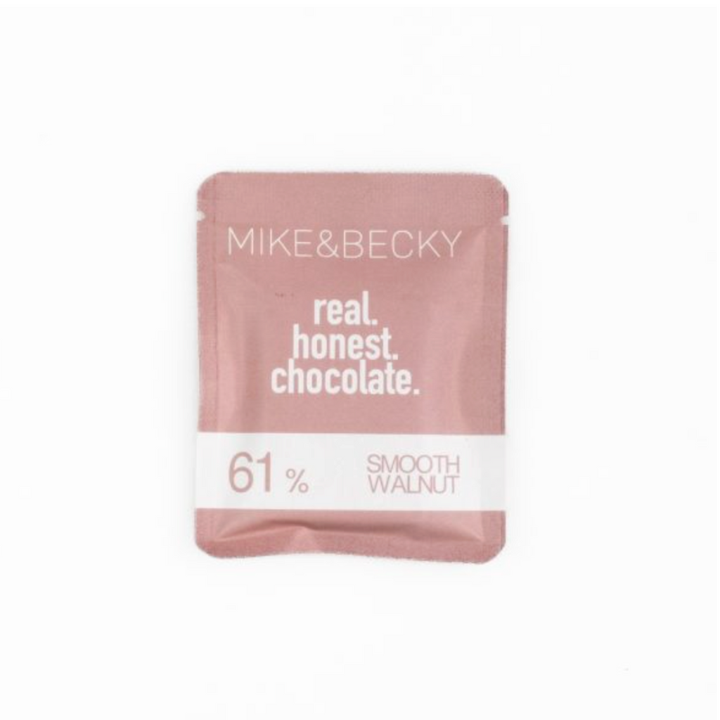 Mike & Becky  Smooth Walnut 61% chocolate packaging with text on a white background