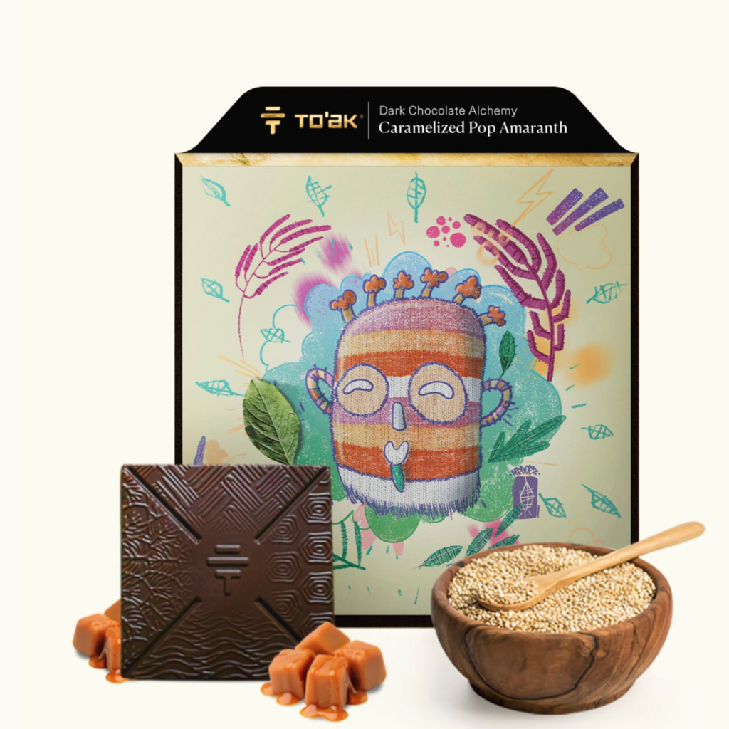 Caramelized pop amaranth chocolate bar with a decorative box featuring a colorful character design.