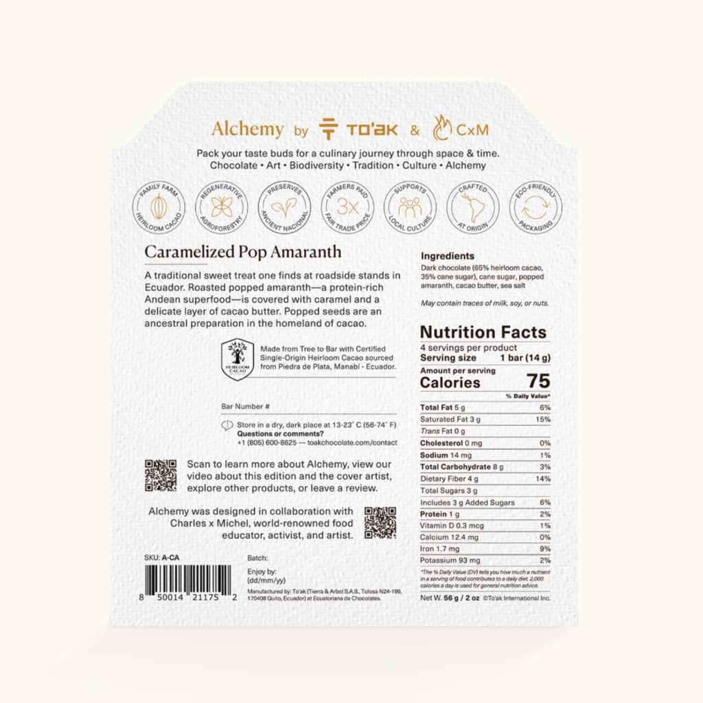 Back of To'ak carmelized amaranth bar packaging with branding and nutritional information on a white background