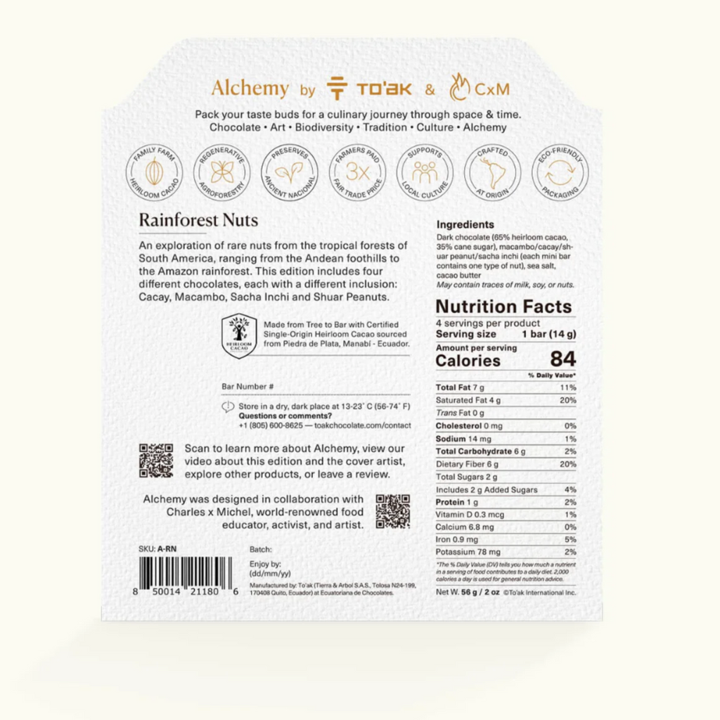 Back of a To'ak rainforest nuts chocolate bar packaging with branding and nutritional information.