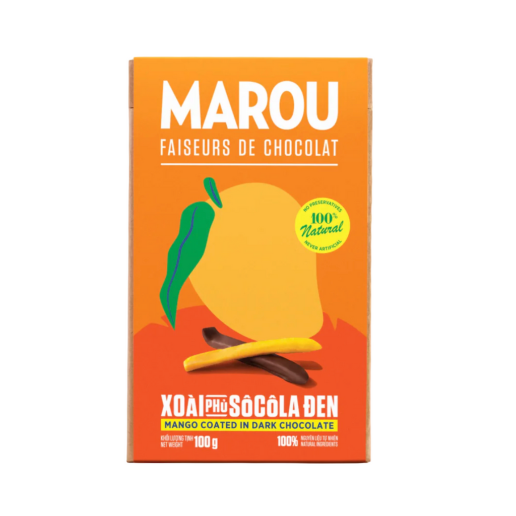 Marou chocolate covered mango chocolate packaging with mango illustration on a beige background
