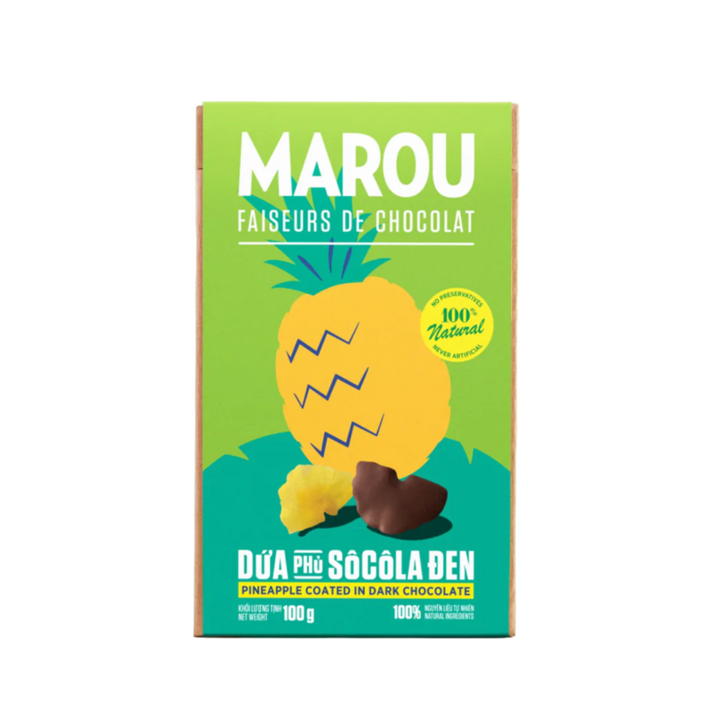 Marou chocolate covered pineapple packaging with a pineapple design on a white background