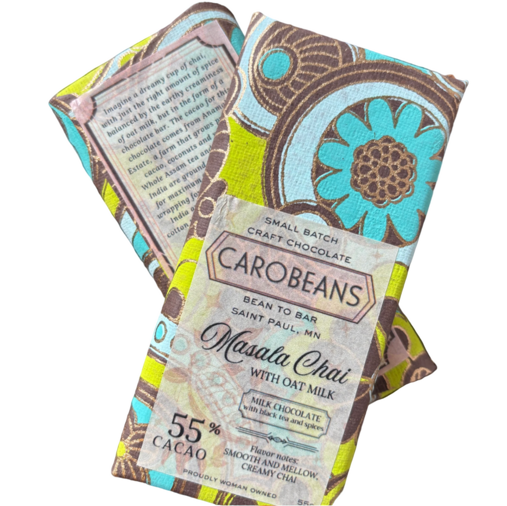 Carobean Masala chai chocolate bar packaging on a white background