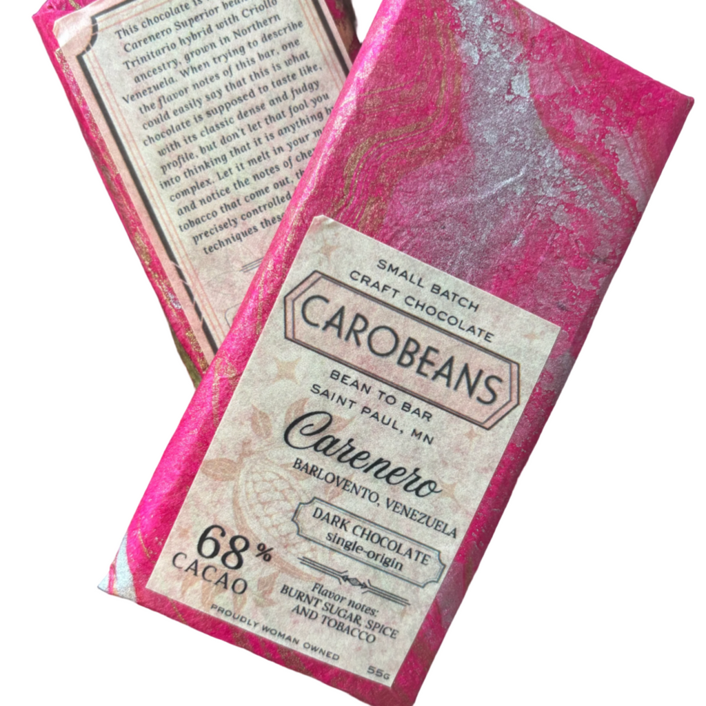 Carobeans Carenero 68% chocolate bar against a white background