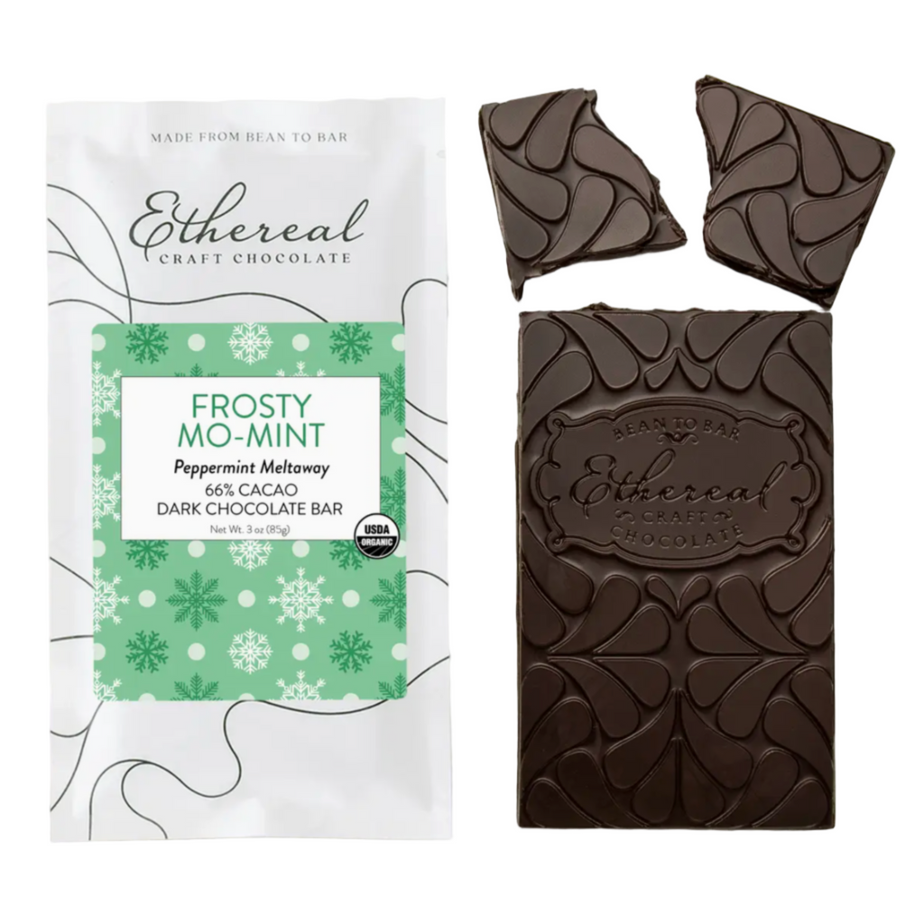 Ethereal Frosty Mo-Mint chocolate bar and packaging on a white background