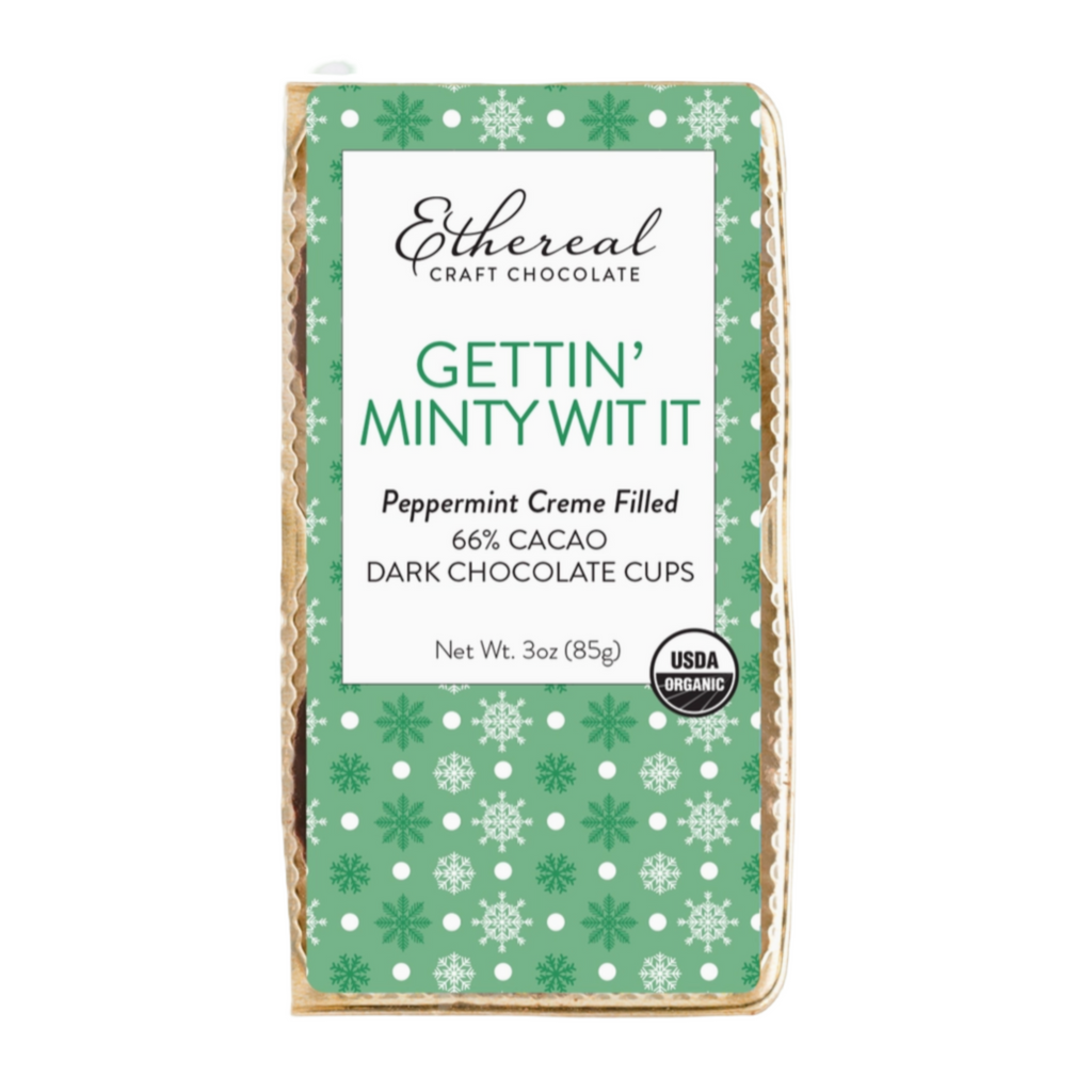 Ethereal gettin minty with it Craft Chocolate packaging with green and white design on a white background