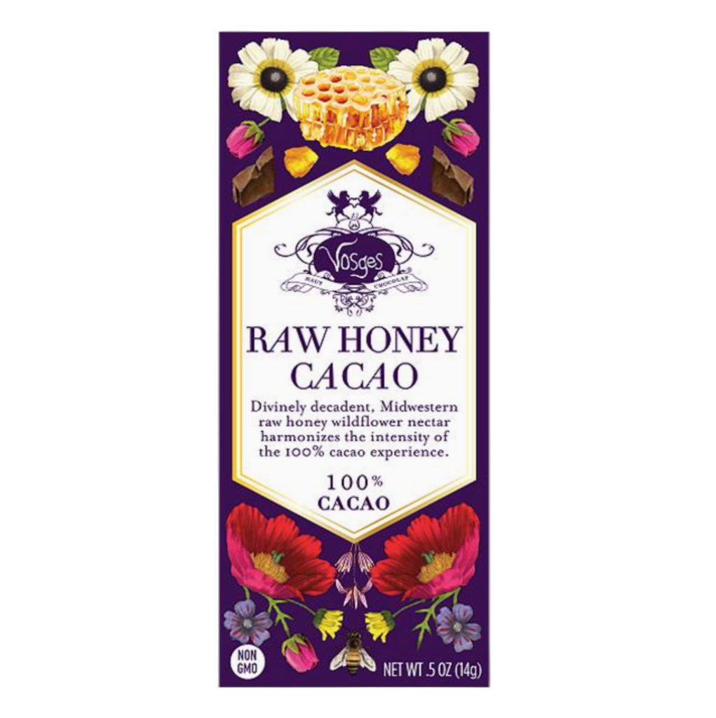 Vosges-Haut Chocolat Raw Honey Cacao 100% bar packaging on a white background