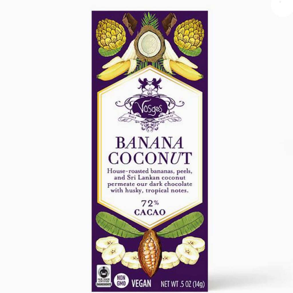 Vosges-Haut Chocolat banana coconut 72% bar packaging on a white background