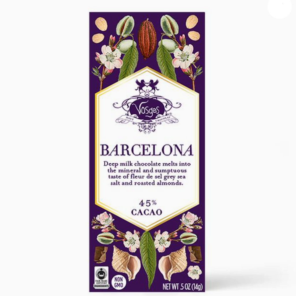 Vosges-Haut Chocolat Barcelona 45% bar packaging on a white background