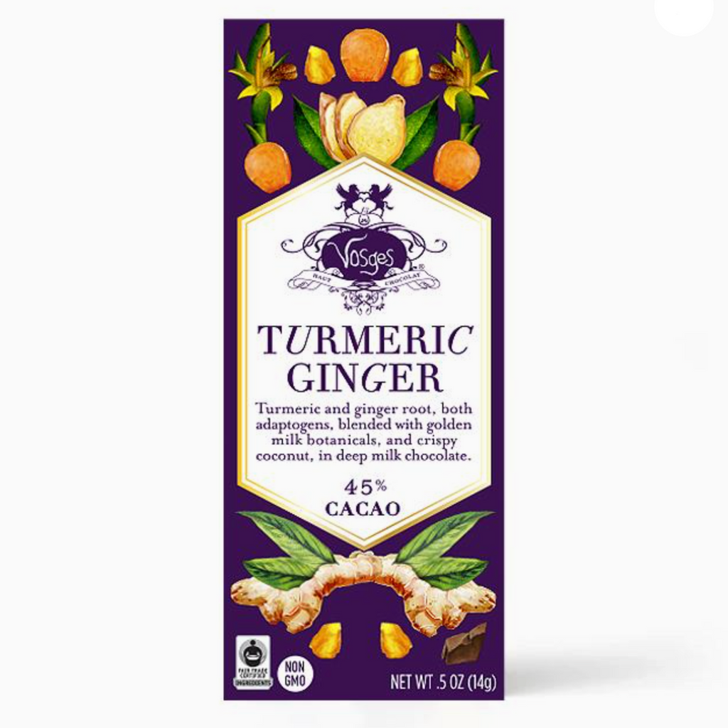 Vosges-Haut Chocolat Turmeric Ginger 45% bar packaging on a white background