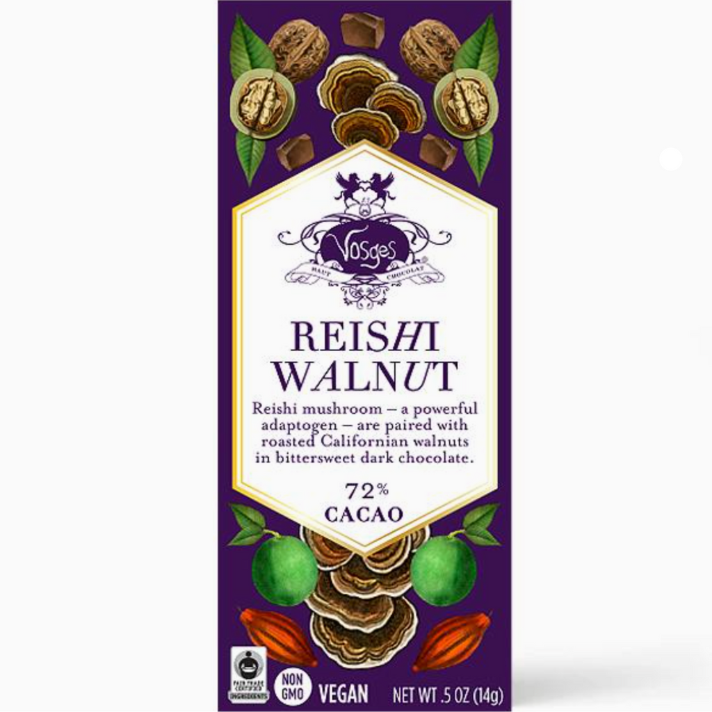 Vosges-Haut Chocolat Reishi Walnut 72% bar packaging on a white background
