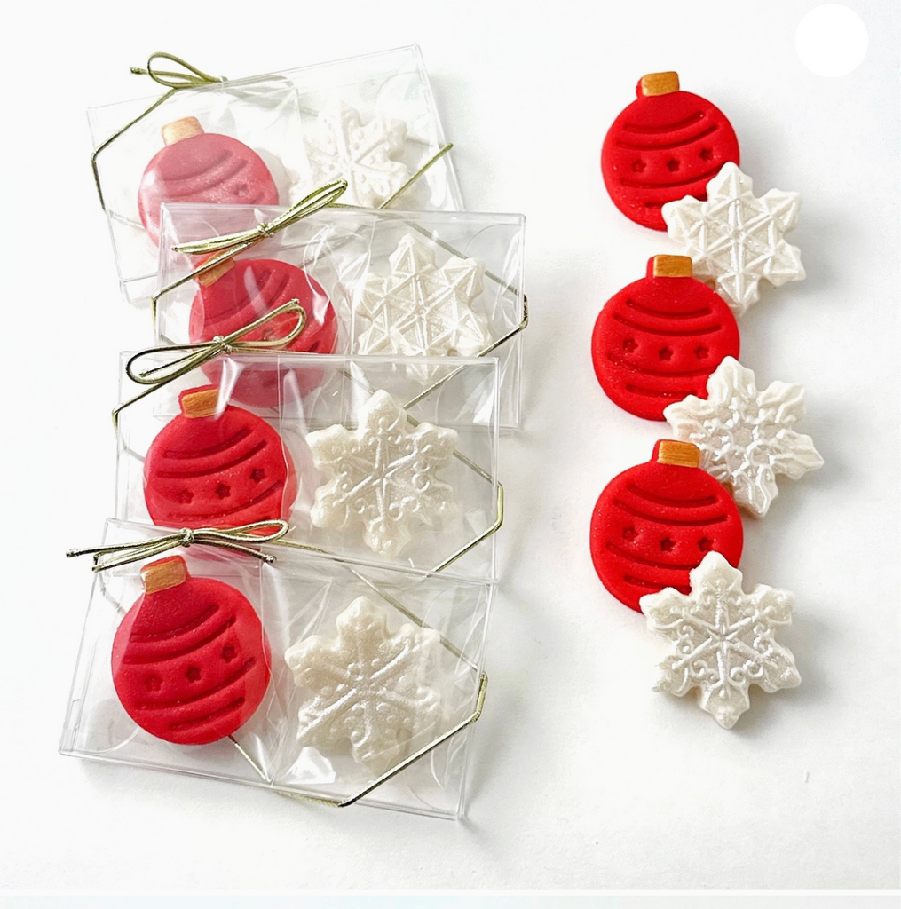 Marzipops Marzipan Snowflake & Ornament Duets in and out of packaging on a white background