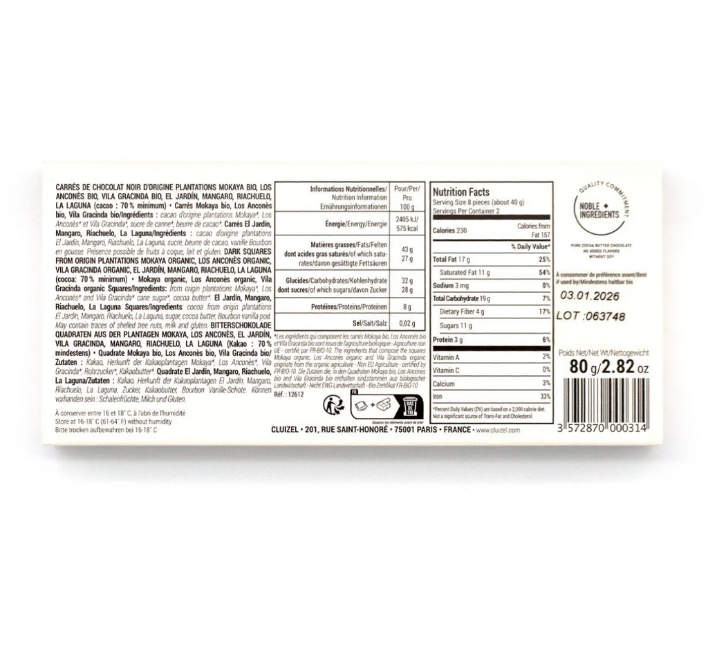 The back of Cluziel Single Origin Dark Chocolate Napolitains Gift Box packaging on a white background