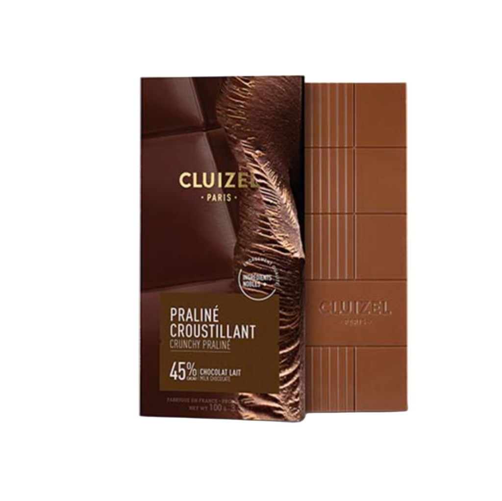 Michel Cluizel Praline Croustillant 45% Milk Chocolate Crunchy Praline Bar and packaging on a white background