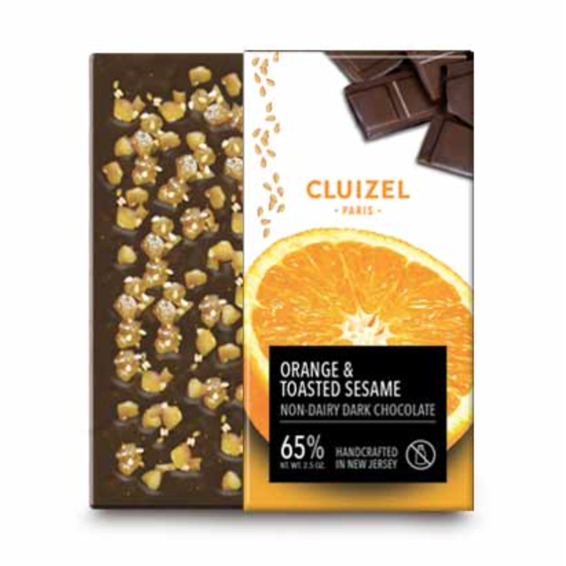 Cluziel Orange & Sesame Chocolate Bar and packaging on a white background