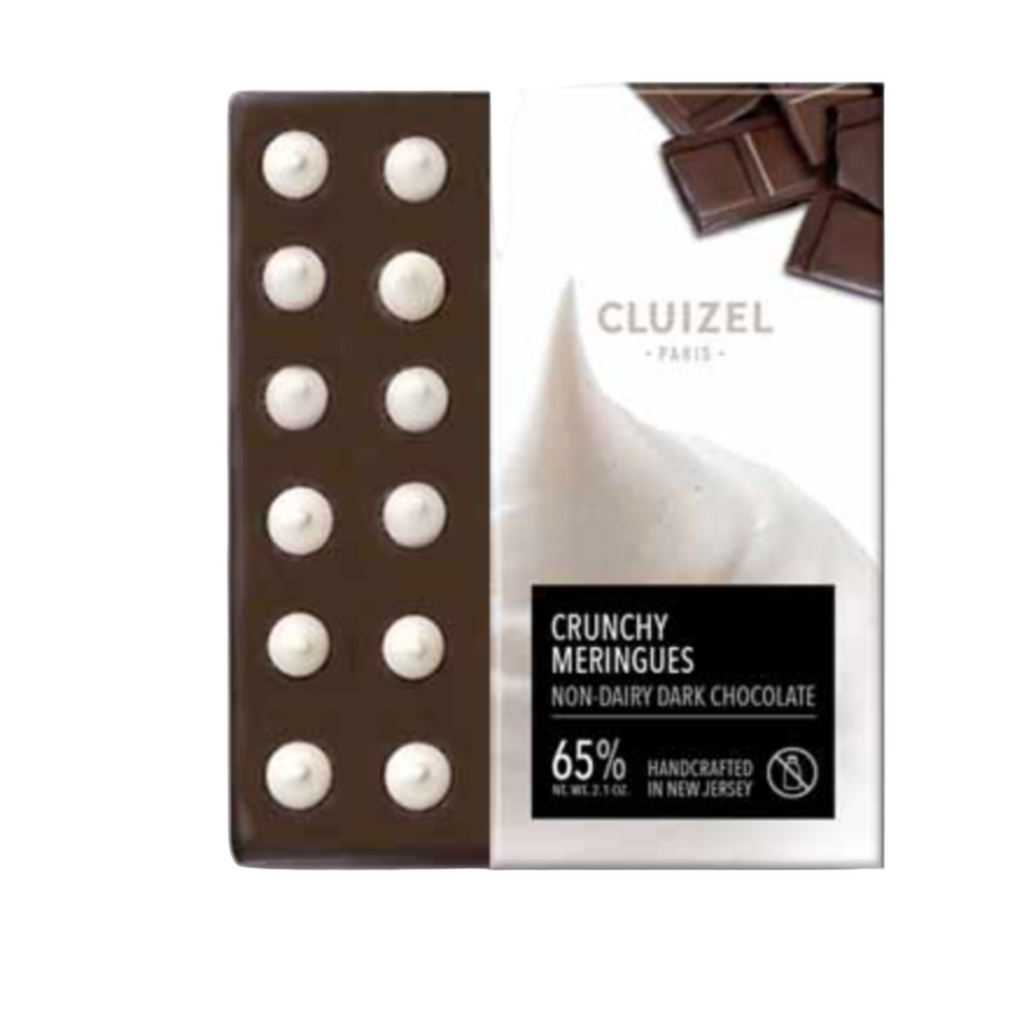 Cluizel Crunchy Meringues packaging with dark chocolate and white meringue on a white background