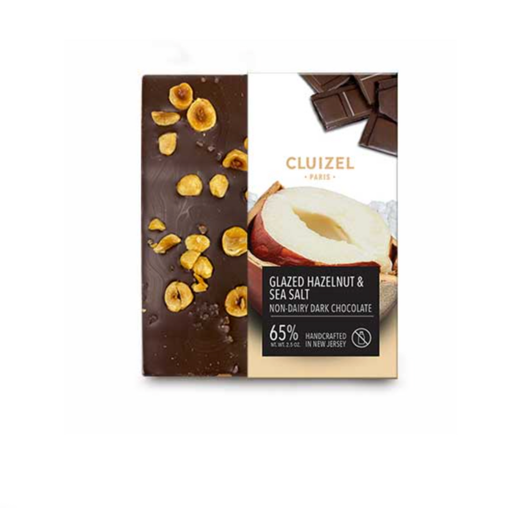 Hazelnut & Sea Salt Chocolate Bar and packaging on a white background
