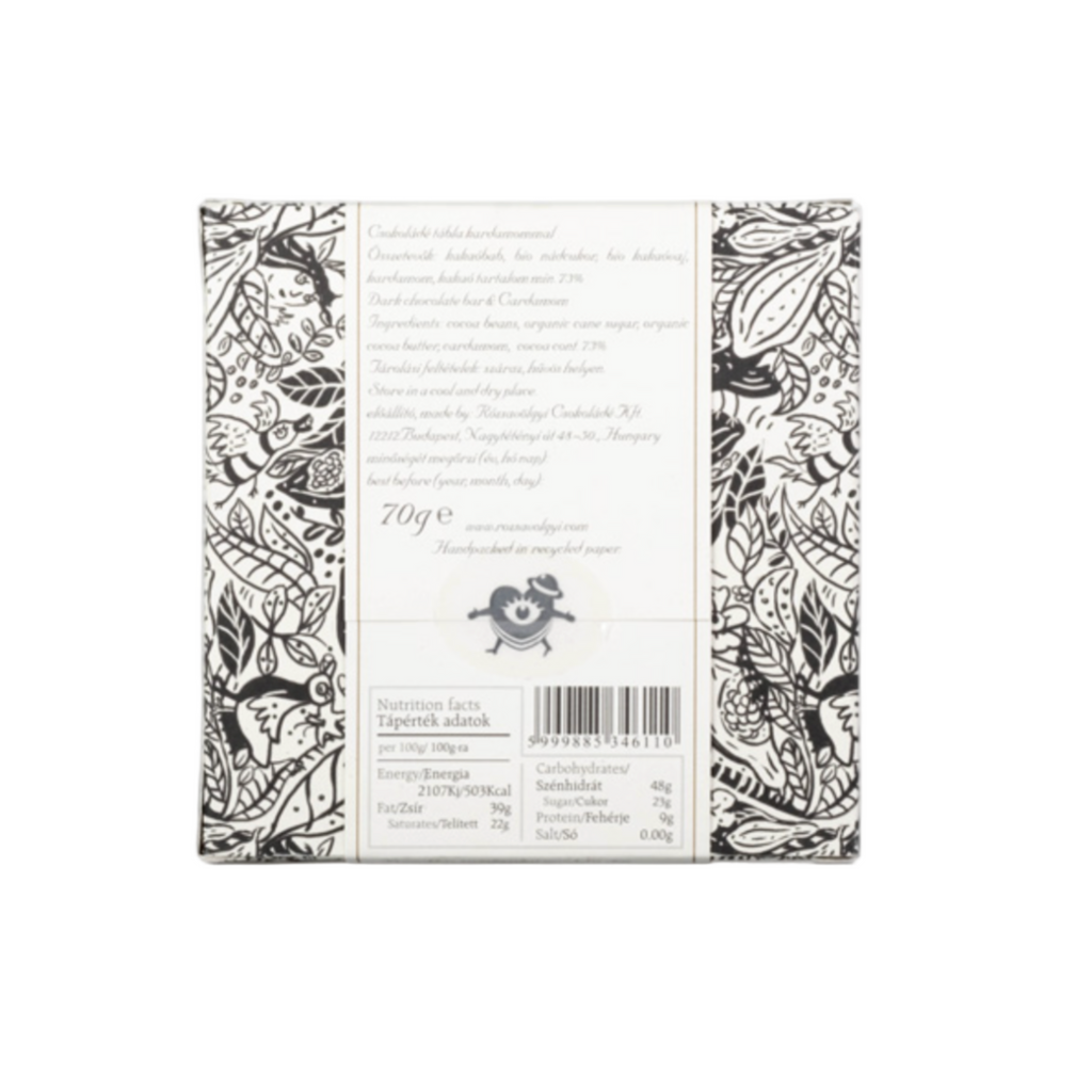 Back of Rozsavolgyi Chocolate w/ Cardamom 73% packaging on a white background