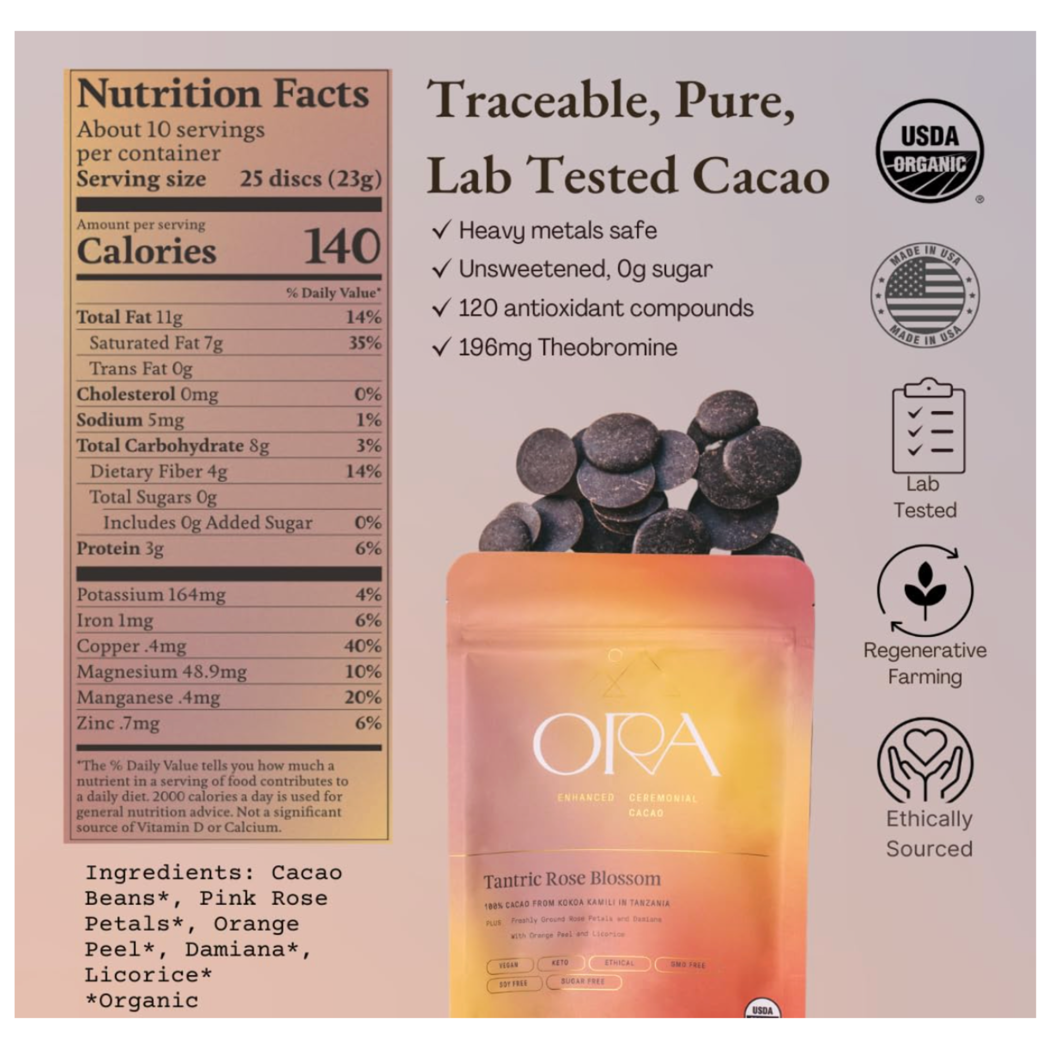 Tantric Rose Blossom Enhanced 100% Organic Ceremonial Cacao, 8oz