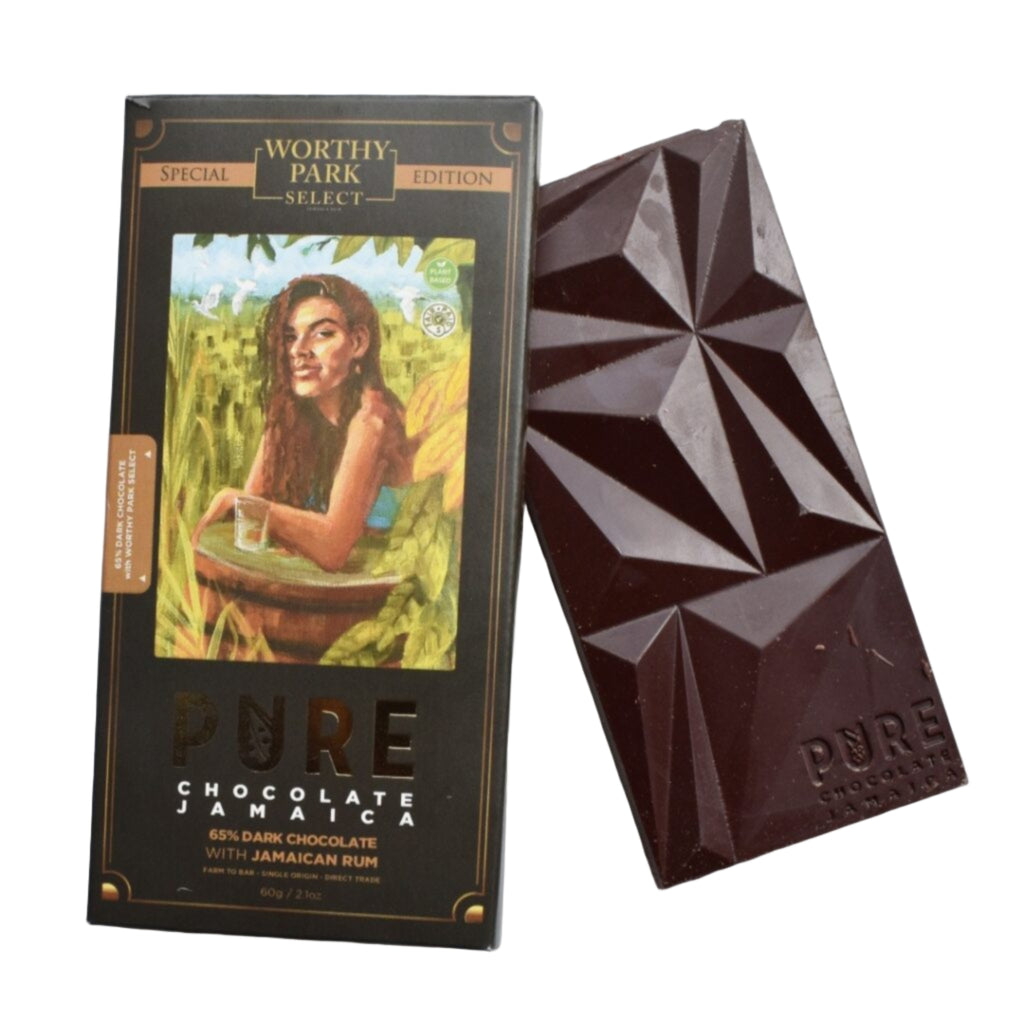 Pure Chocolate Jamaica 65% dark chocolate with rum bar and packaging on a white background