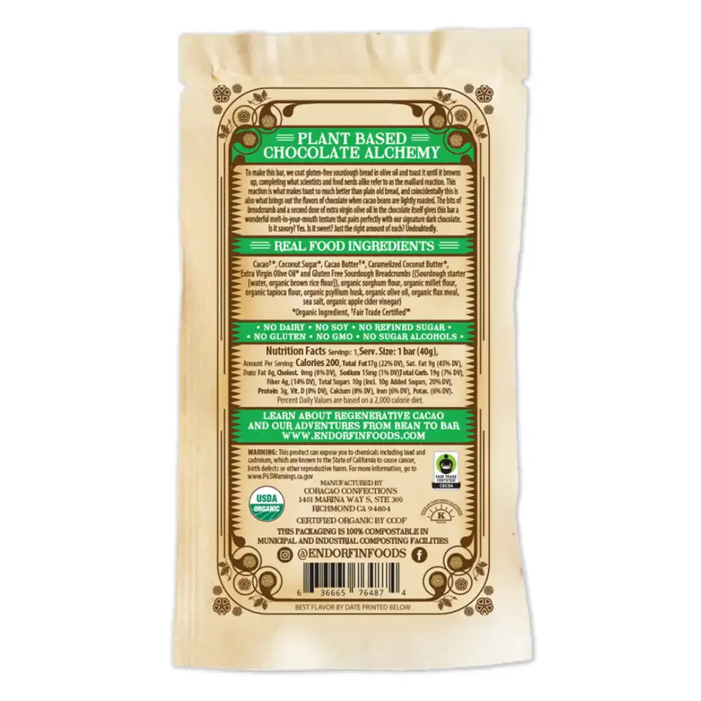 Nutrition facts and ingredients for Endorfin Sourdough & Olive Oil 70% bar against a white background