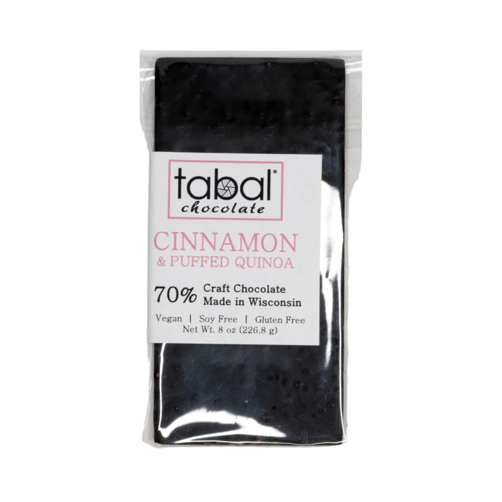 Tabal Chocolate packaging with cinnamon and puffed quinoa flavor on a white background