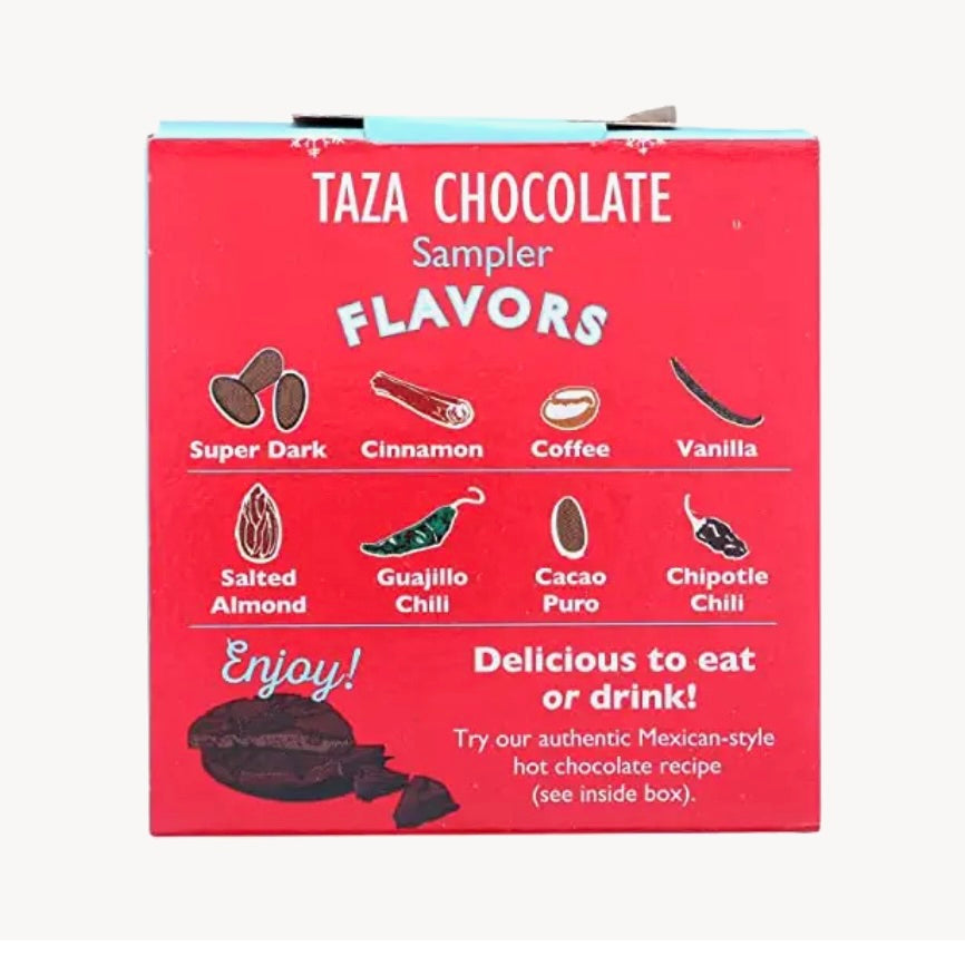 The back of the packaging of Organic Winter Warmer Chocolate Sampler 8 Count with flavor icons on a white background