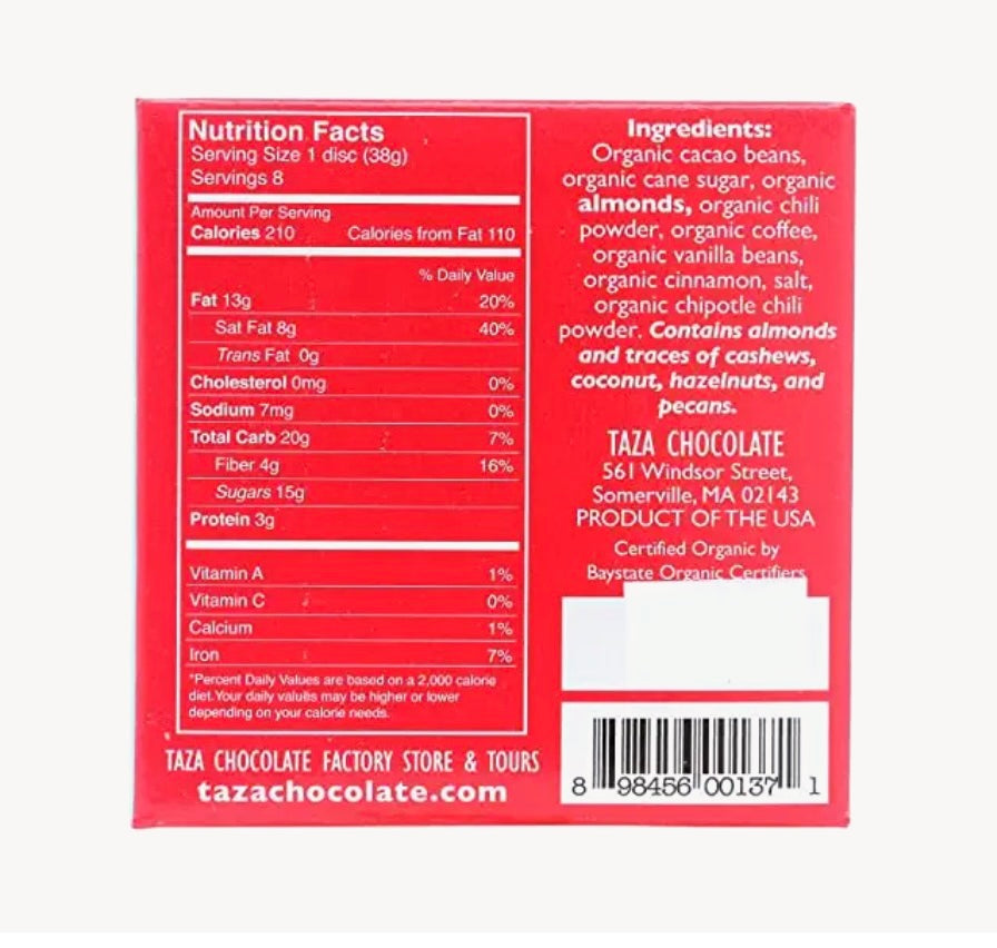 Nutrition facts and ingredients label for Taza Organic Winter Warmer Chocolate Sampler 8 Count against a white background