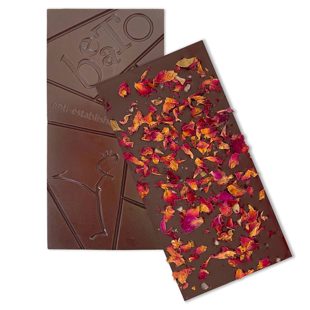 Beato Chocolates "Titanic" 72% Dark Chocolate with Rose & Sea Salt Bar Detail