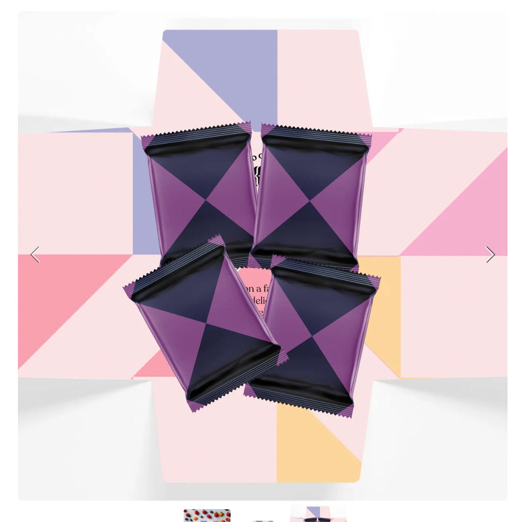 Goodio 4 flavors berries multi color open packaging with four wrapped bars against a white background