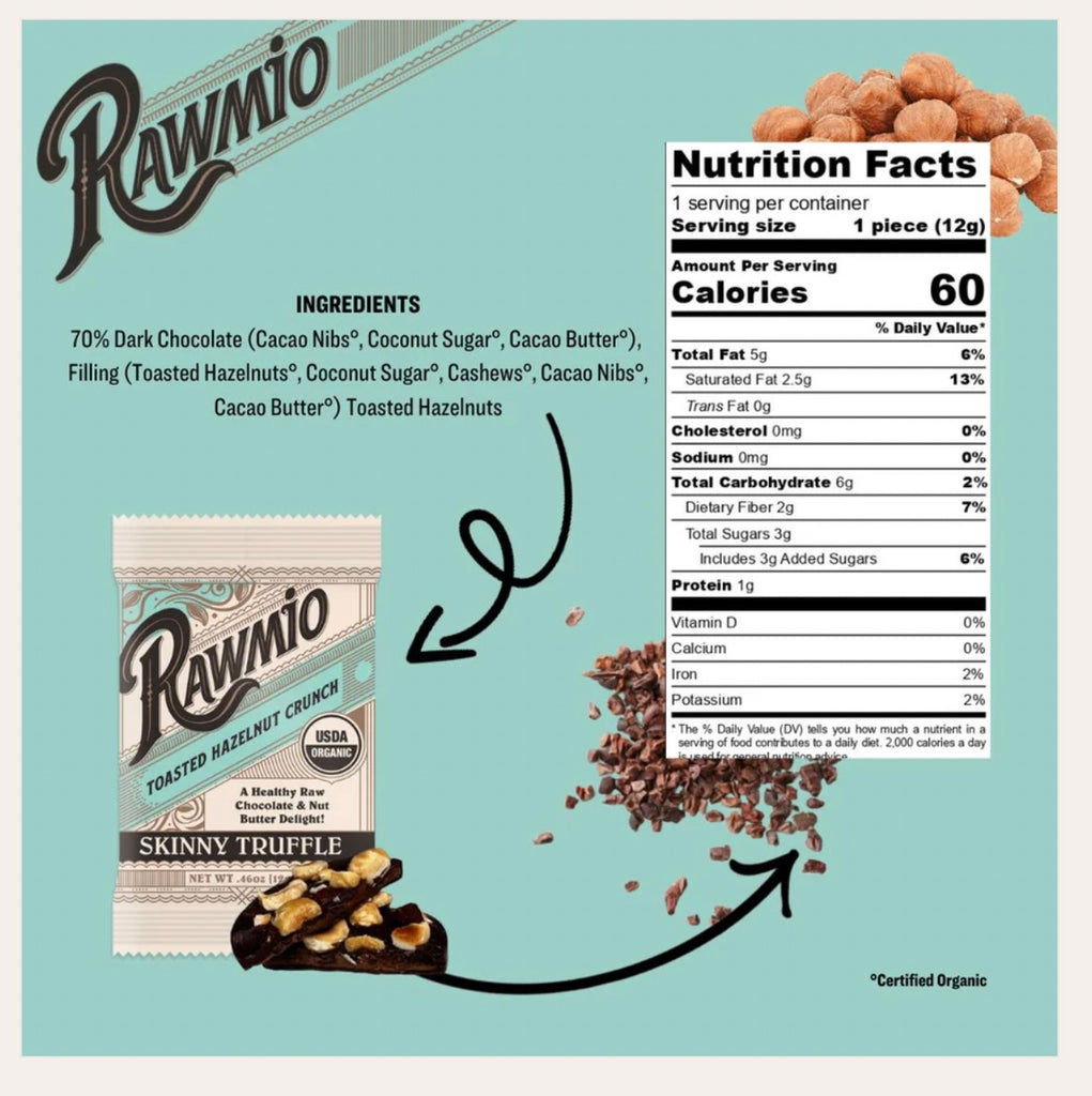 A picture of Rawmio's Skinny Truffle - Toasted Hazelnut Crunch ingredient list and nutrition facts against a light blue background