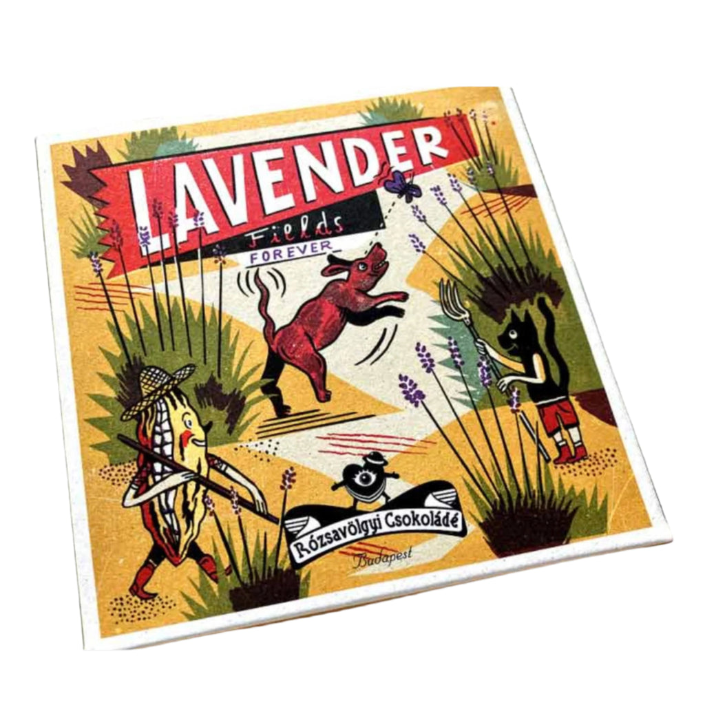 Rozsavolgyi Chocolate w/ Lavender 73% packaging with 'Lavender Fields Forever' text. on a white wbackground