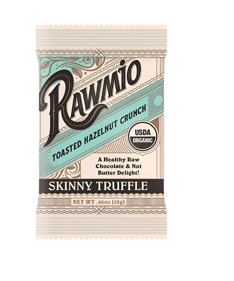 The front of a package of Rawmio's Skinny Truffle - Toasted Hazelnut Crunch against a white background