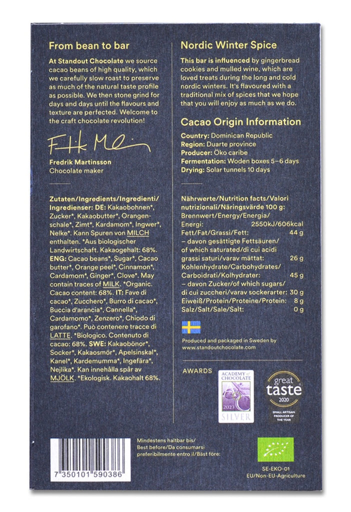 A picture of the back of the Standout Nordic Winter Spice bar packagingwith nutrition information and ingredients  against a light background