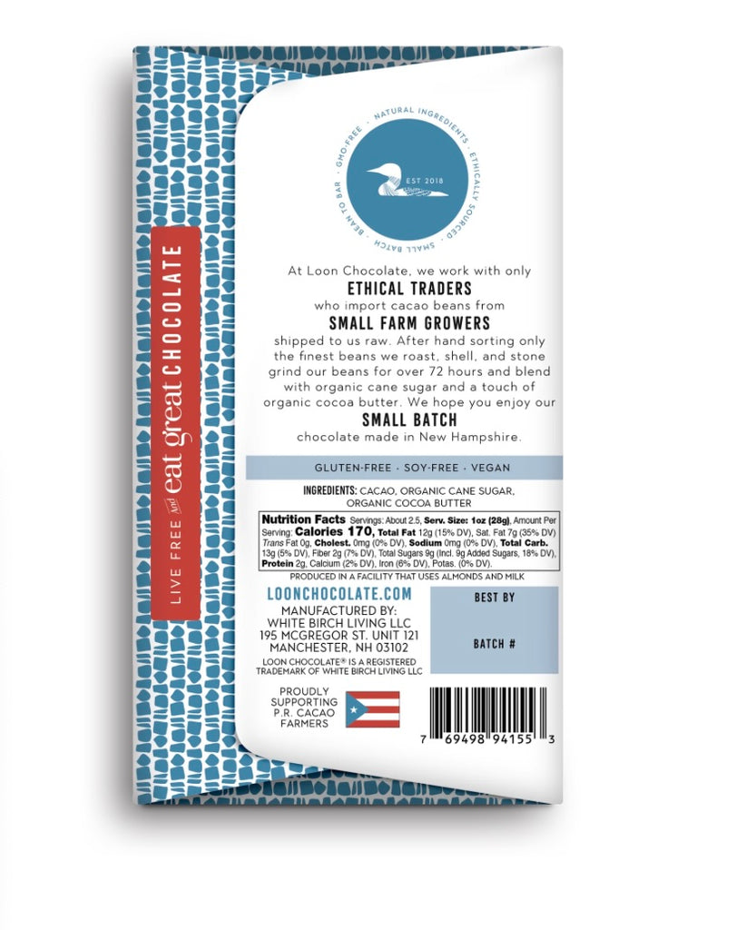 A picture of Loon 65% Dark - Puerto Rico bar nutrition facts and ingredients against a white background