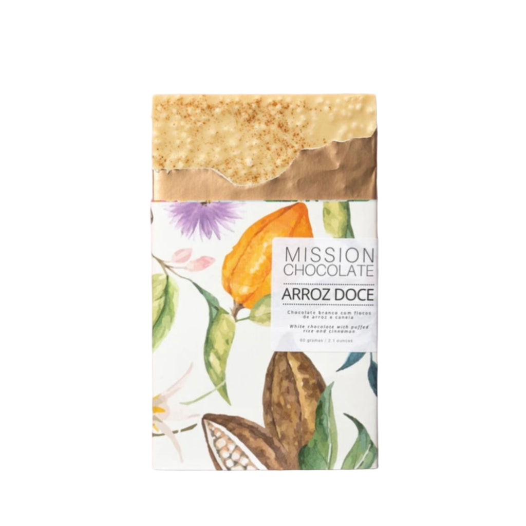 Mission Chocolate Arroz Doce bar open packaging against a white background