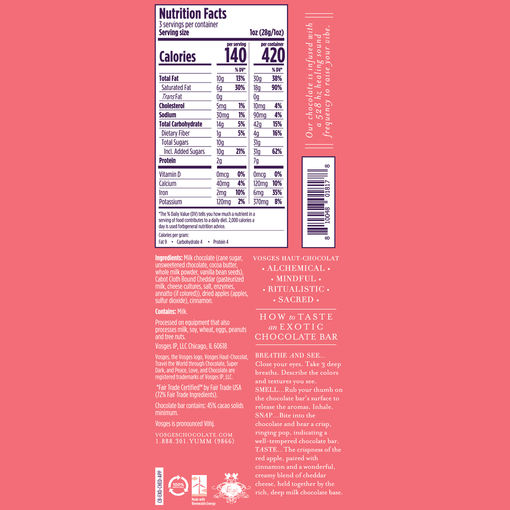 Nutritional facts on a pink background with white lettering