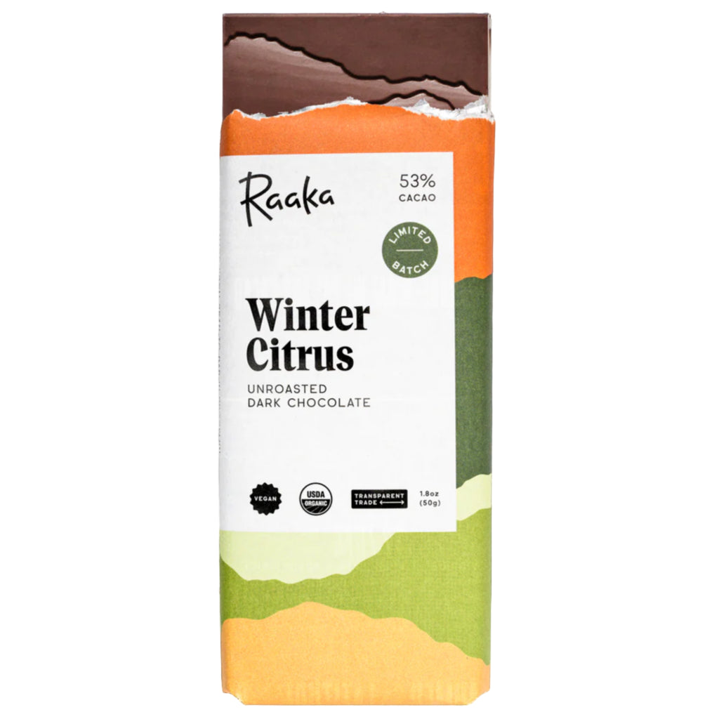 Raaka Winter Citrus unroasted dark chocolate bar packaging on a white background