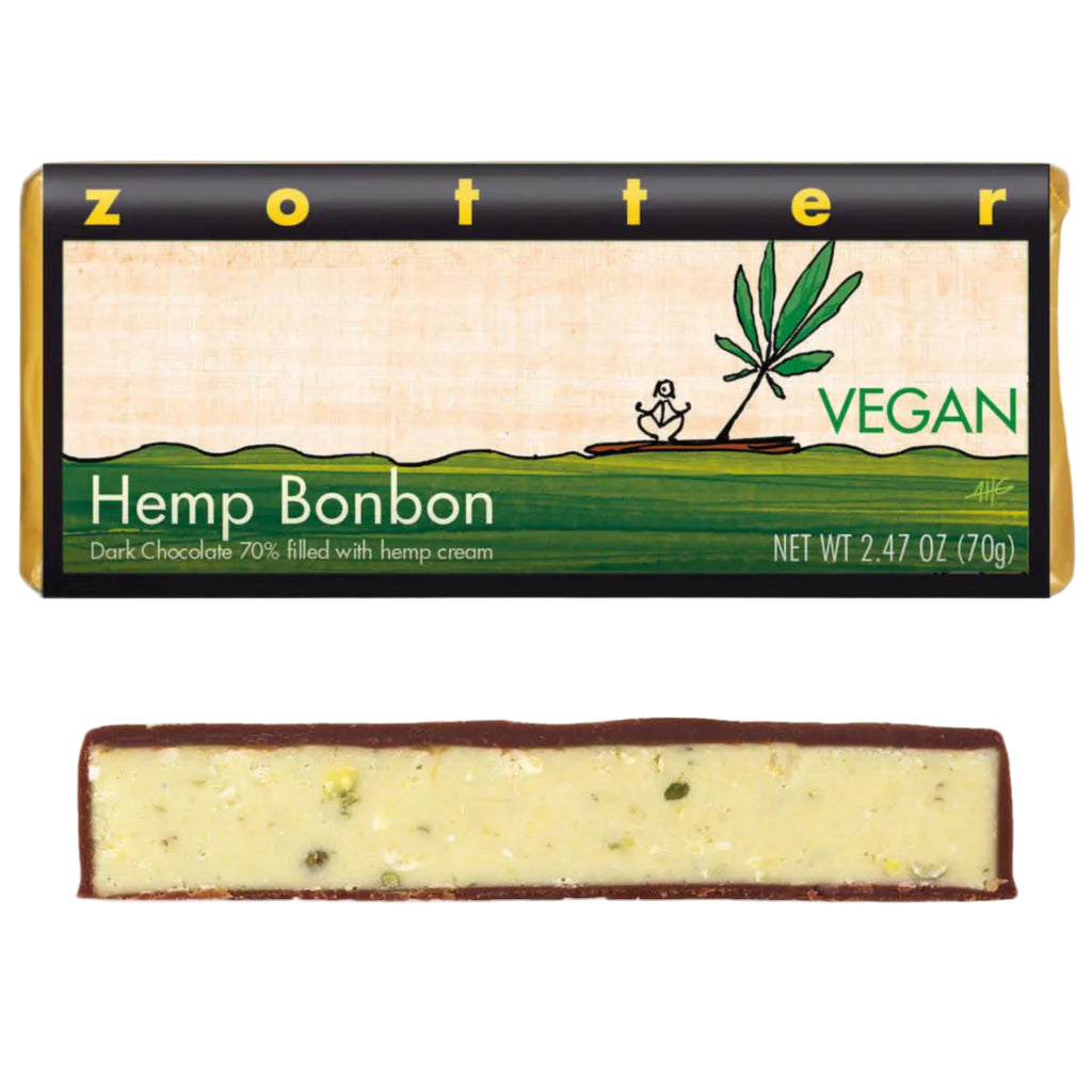 Zotter Vegan Hemp Bonbon chocolate bar packaging on a white background