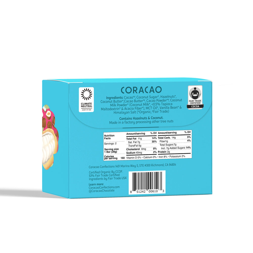 Nutrition facts and ingredients for Vegan Hazelnut Cream Bar 2-Pack against a white background