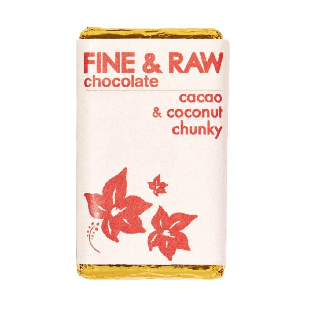 Fine & Raw chocolate bar packaging with cacao and coconut flavor on a white background
