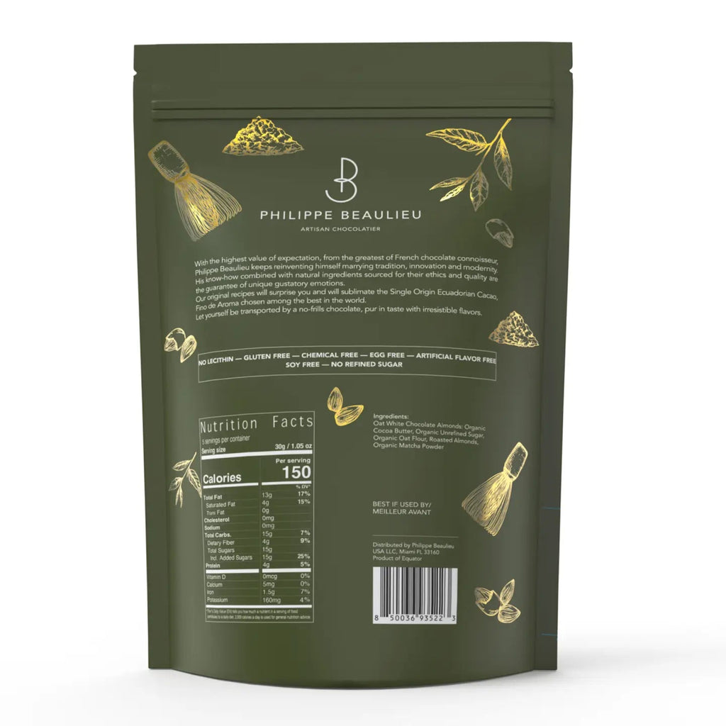  Back of Philippe Beaulieu Matcha Almonds packaging on a white background