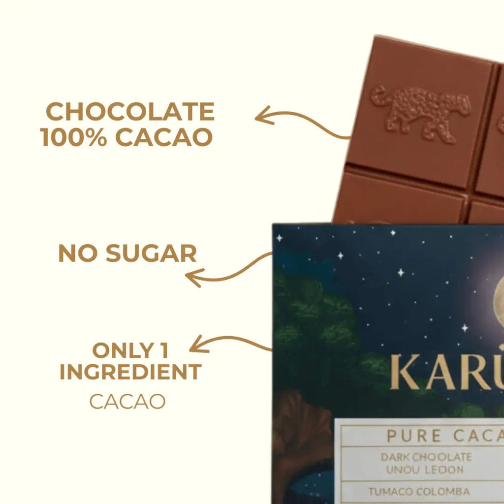 100% Single Origin Dark Chocolate - Tumaco Chocolate bar with packaging labeled 'KARU' and text highlighting ingredients.