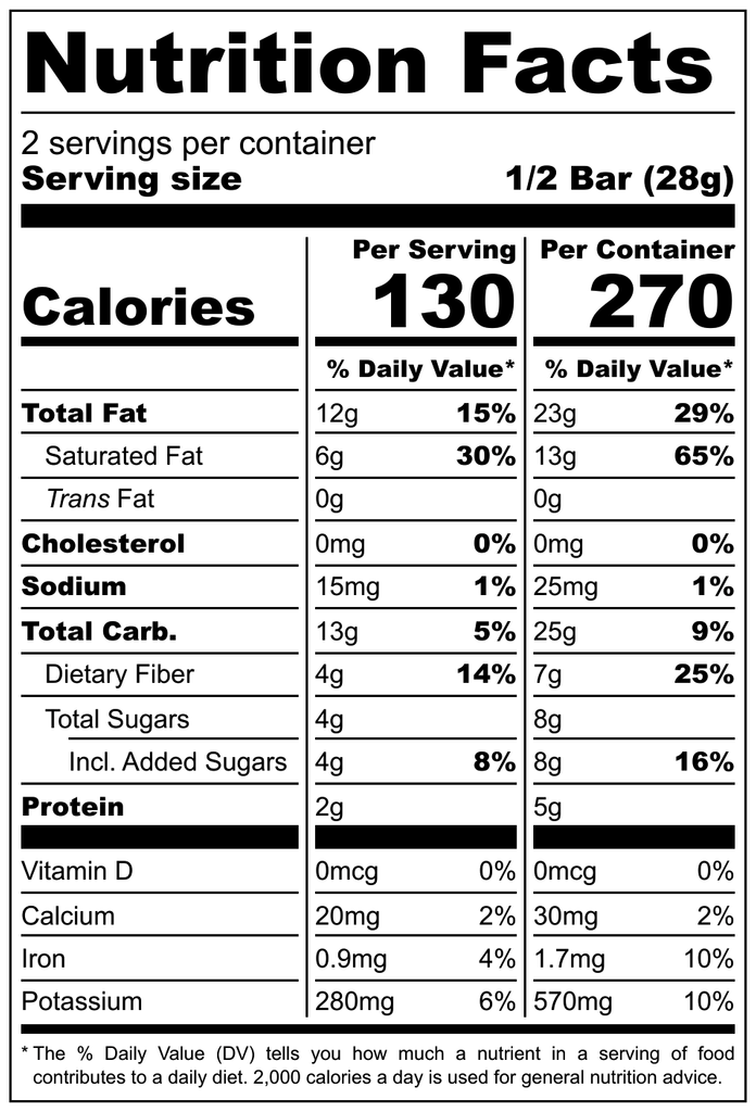 Nutrition facts of 77% Vegan Raspberry Dark Chocolate bar.