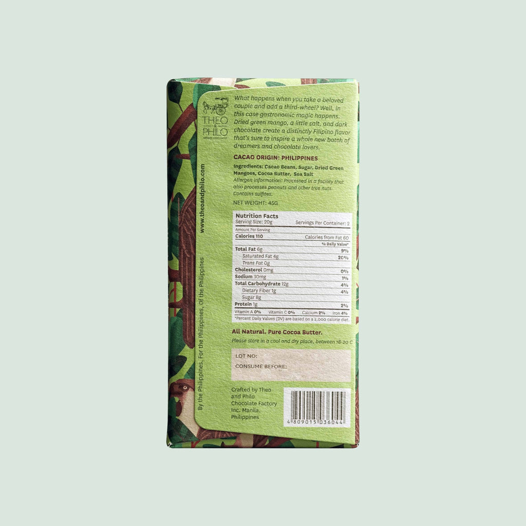 Nutrition facts and ingredients for Theo & Philo Dark Chocolate w/ Green Mango & Salt 65% from Theo & Philo